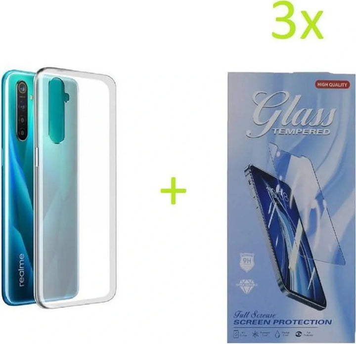 Realme X50 5G Hoesjes – Transparante TPU Siliconen Backcover – Soft Case – 3x Screenprotector Gehard Glas-Ilumina Benelux