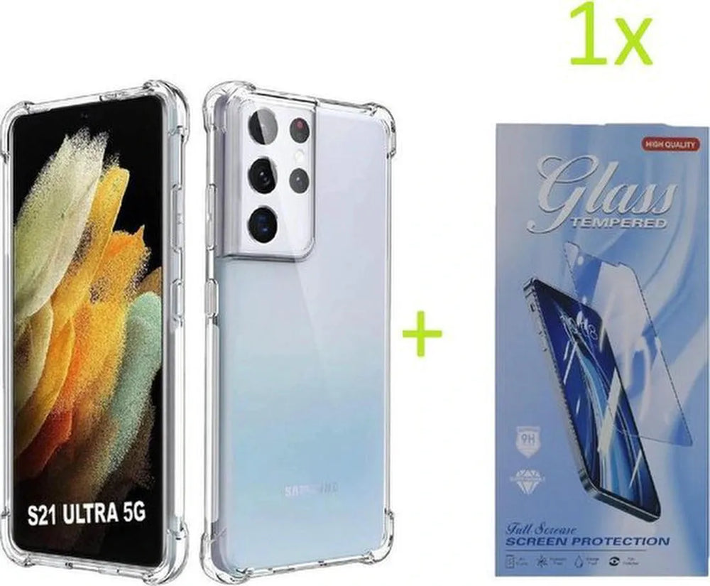 Samsung Galaxy S21 Ultra Hoesjes – Siliconen Backcover – Schokbestendig Bumper – Transparant + Screenprotector-Ilumina Benelux