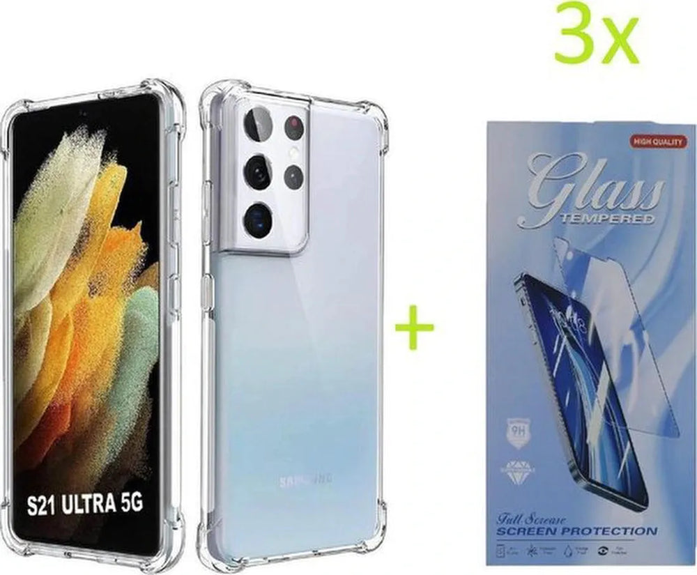 Samsung Galaxy S21 Ultra Hoesjes – Siliconen Backcover – Schokbestendig Bumper – Transparant + 3x Screenprotector-Ilumina Benelux