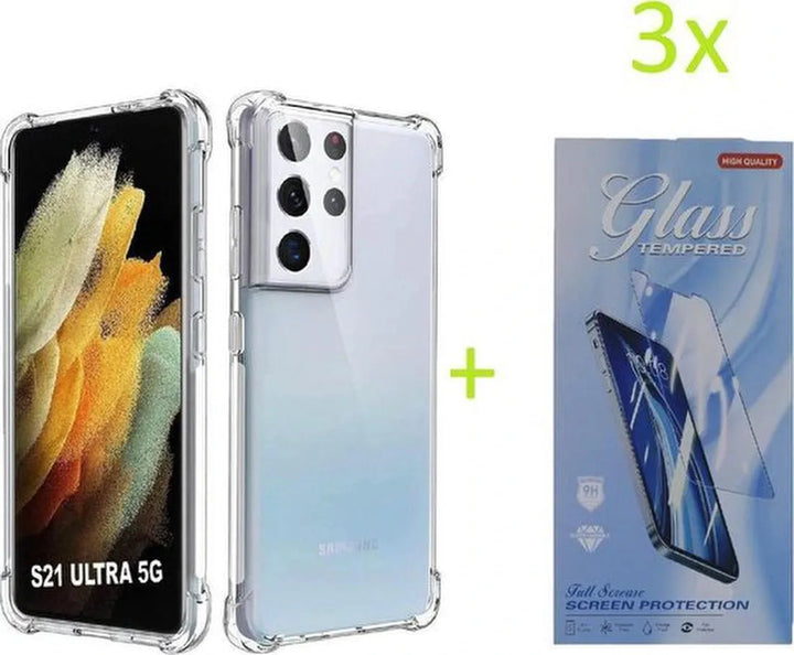 Samsung Galaxy S21 Ultra Hoesjes – Siliconen Backcover – Schokbestendig Bumper – Transparant + 3x Screenprotector-Ilumina Benelux