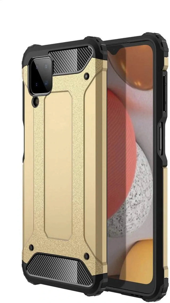 Samsung Galaxy A12 Hoesjes – Armor Hybrid Backcover – Schokbestendig – Goud-Ilumina Benelux