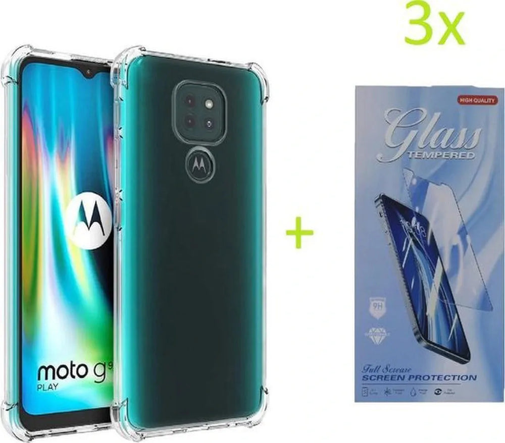 Motorola Moto G9 Play Hoesjes – Siliconen Backcover – Schokbestendig – Transparant – 3x Screenprotector-Ilumina Benelux
