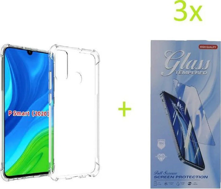 Huawei P Smart 2020 Hoesjes – Siliconen Backcover – Schokbestendig Bumper – Transparant – 3x Gehard Glas Screenprotector-Ilumina Benelux