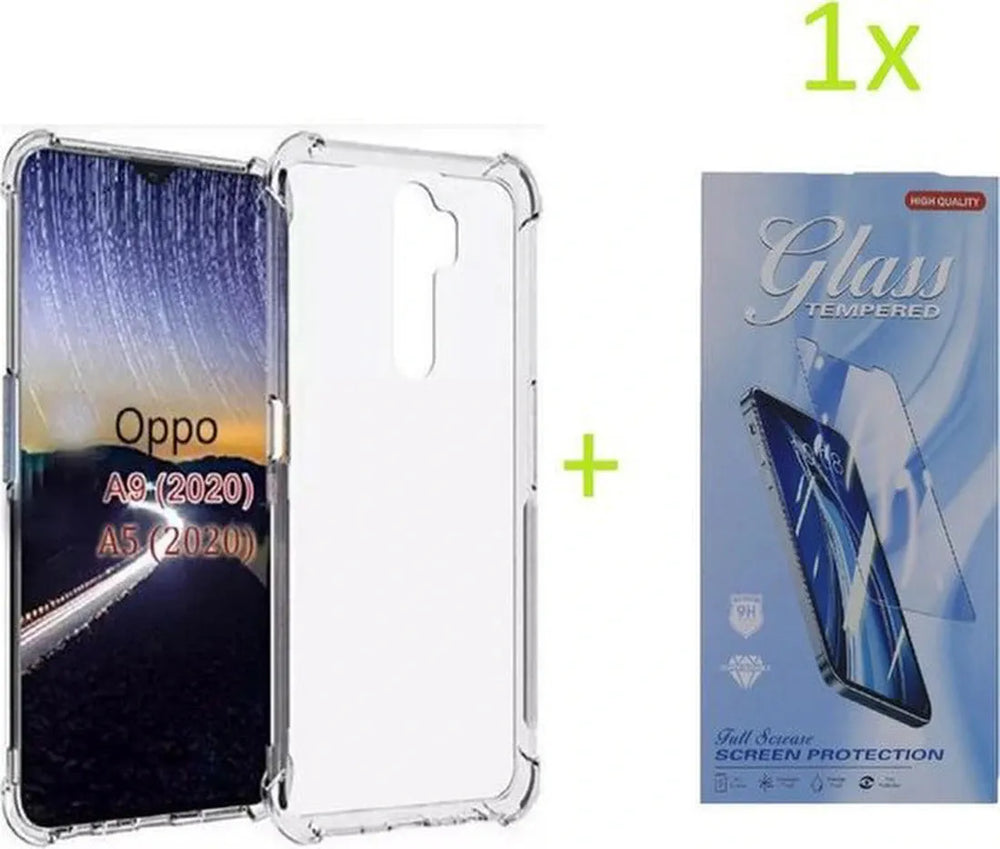 Oppo A5 2020/A9 2020 Hoesjes – Siliconen Backcover – Schokbestendig Bumper – Transparant + Gehard Glas Screenprotector-Ilumina Benelux