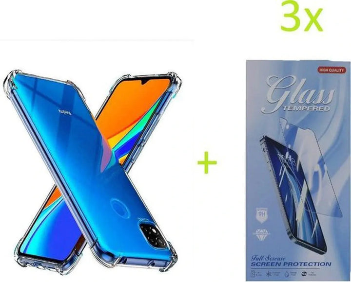 Xiaomi Redmi 9C Hoesjes – Siliconen Backcover – Schokbestendig Bumper – Transparant + 3x Gehard Glas Screenprotector-Ilumina Benelux