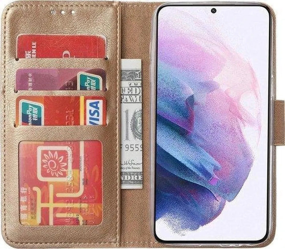 Oppo Find X3 Neo Hoesjes – Bookcase Portemonnee – Magneetsluiting – Inclusief 3x Screenprotector – Goud-Ilumina Benelux