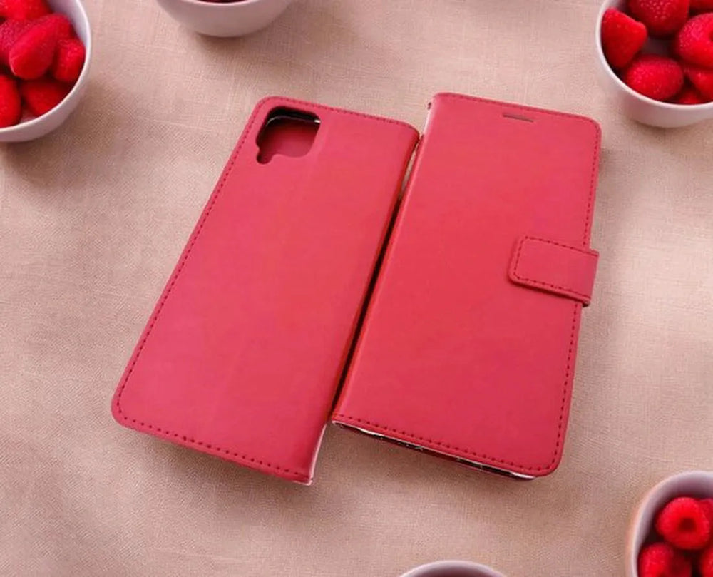 Samsung Galaxy A12 Hoesjes – Portemonnee Bookcase – Magneetsluiting – 2x Gehard Glas Screenprotector – Rood-Ilumina Benelux
