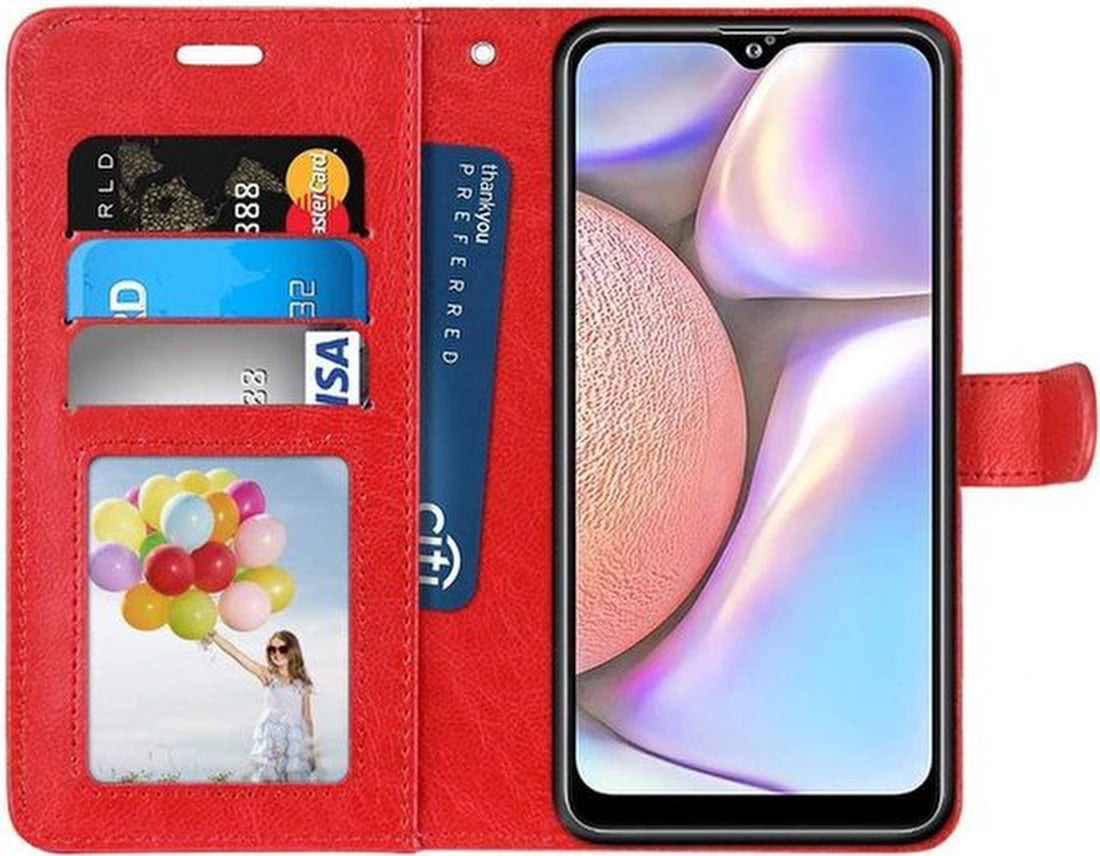 Bookcase Geschikt voor: Samsung Galaxy A10s - Rood - Portemonnee hoesje met 3x Glas Screen protector