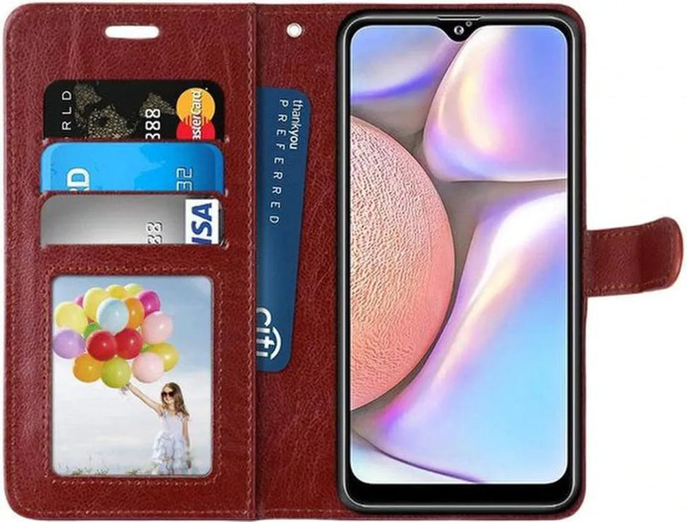 Samsung Galaxy A10s Hoesjes – Portemonnee Hoes – Pasjeshouder – 2x Gehard Glas Screenprotector – Bruin-Ilumina Benelux