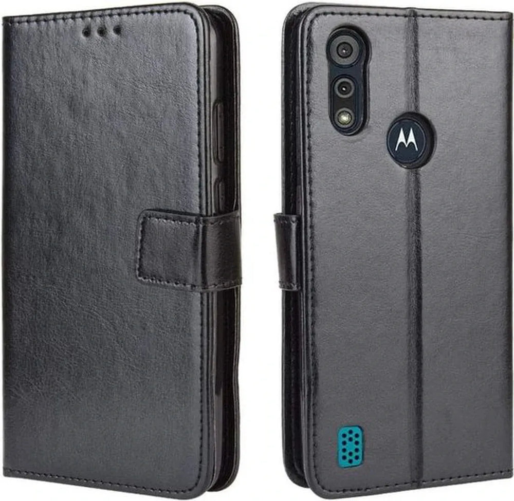 Motorola Moto E6i Hoesjes – Portemonnee Hoes – Pasjeshouder – Magneetsluiting – Zwart + 2x Screenprotector-Ilumina Benelux