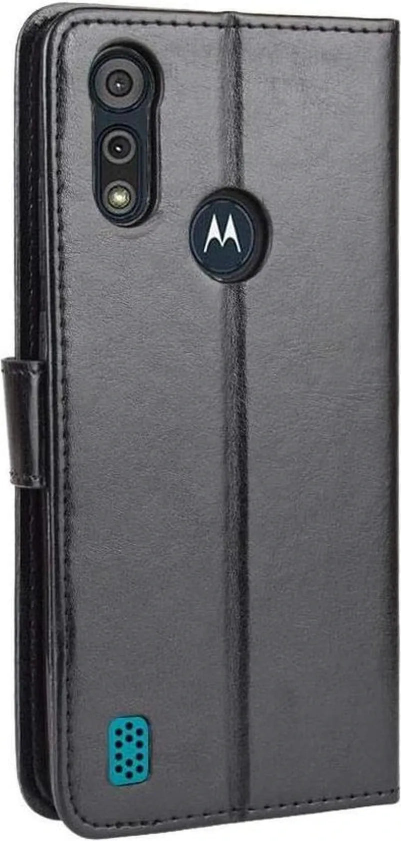 Motorola Moto E6i Hoesjes – Portemonnee Hoes – Pasjeshouder – Magneetsluiting – Zwart + 2x Screenprotector-Ilumina Benelux