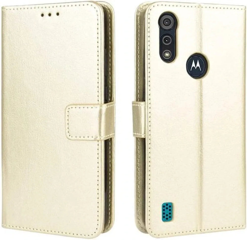 Motorola Moto E6i Hoesjes – Portemonnee Hoes – Magneetsluiting – Pasjeshouder – Goud + Screenprotector-Ilumina Benelux