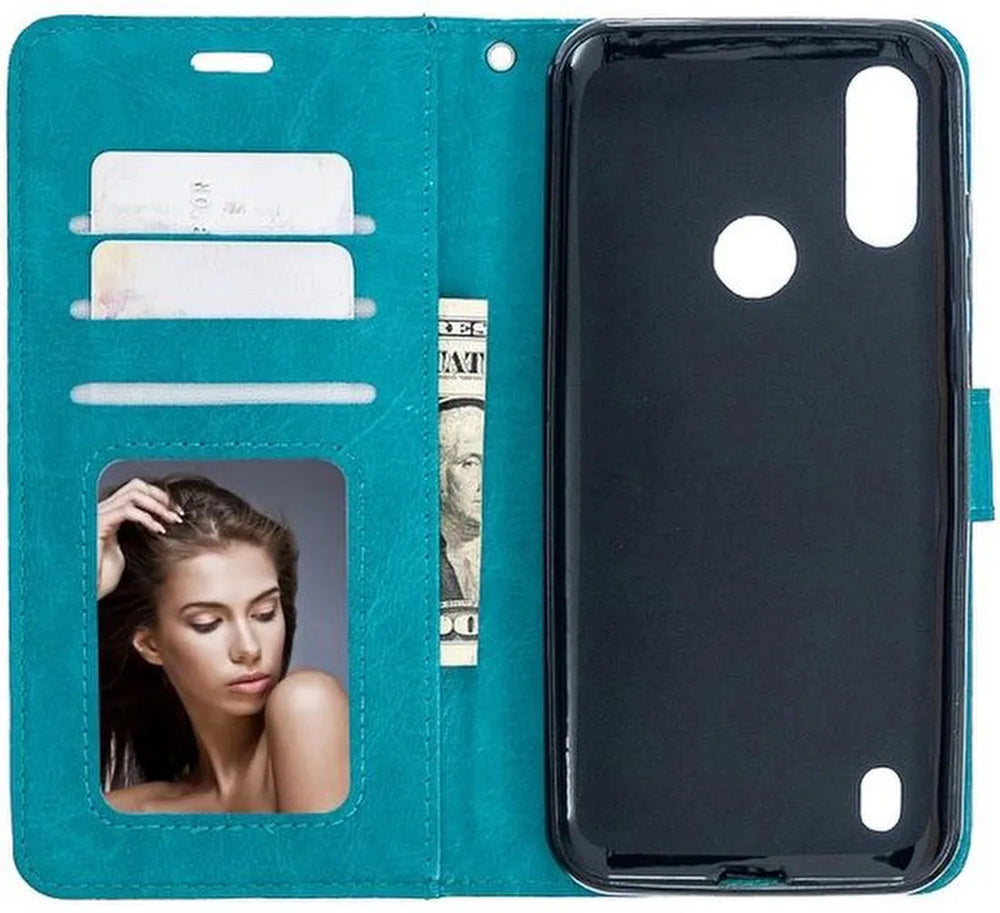Motorola Moto E6i Hoesjes – Portemonnee Bookcase – Magneetsluiting – Inclusief Screenprotector – Turquoise-Ilumina Benelux