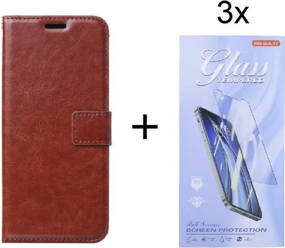Motorola Moto E6i/E6S Hoesjes – Bookcase Portemonnee – Pasjeshouder – 3x Screenprotector – Bruin-Ilumina Benelux