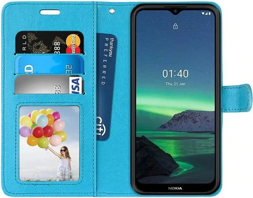 Nokia 1.4 Hoesjes – Bookcase Portemonnee Hoes – Pasjeshouder – Magneetsluiting – Turquoise-Ilumina Benelux