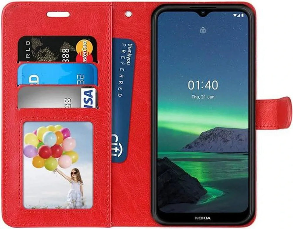 Nokia 1.4 Hoesjes – Bookcase Portemonnee Hoes – Magneetsluiting – Inclusief Screenprotector – Rood-Ilumina Benelux