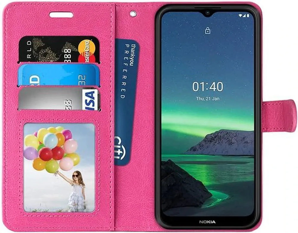 Nokia 1.4 Hoesjes – Bookcase Portemonnee Hoes – Magneetsluiting – 2 Pasjes – Roze – Inclusief 2x Screenprotector-Ilumina Benelux