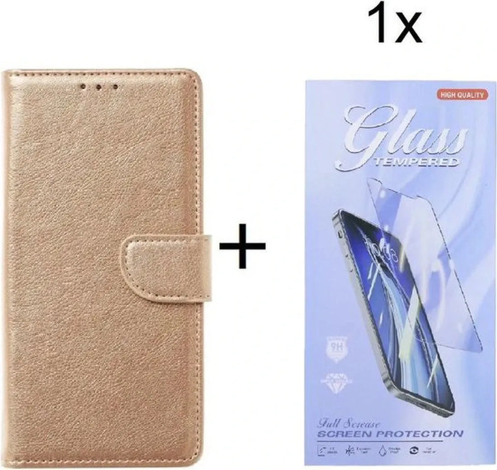 Oppo A54 5G Hoesjes – Portemonnee Bookcase – Magneetsluiting – Inclusief Screenprotector – Goud-Ilumina Benelux