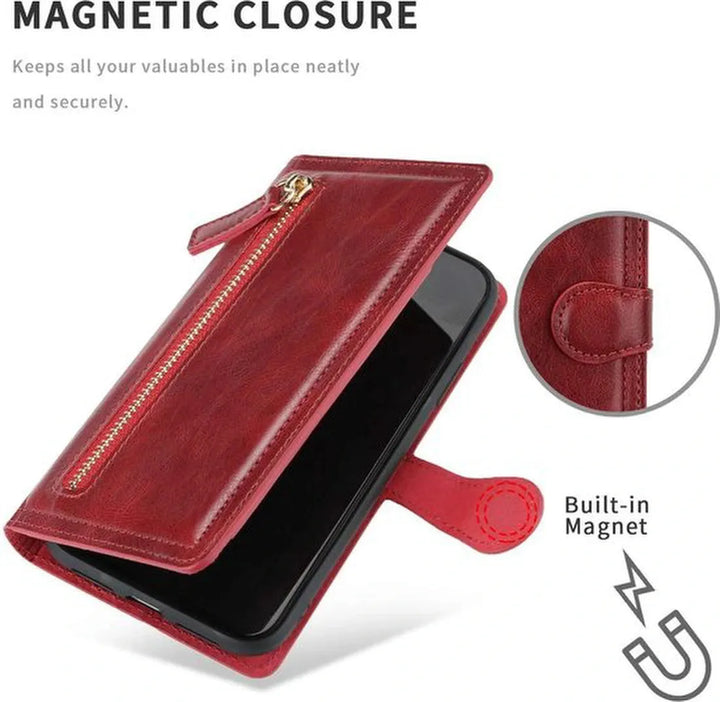 iPhone 12/12 Pro Hoesjes – Bookcase Flipcover – Ritssluiting – Magneetsluiting – 5 Pasjeshouder – Rood-Ilumina Benelux