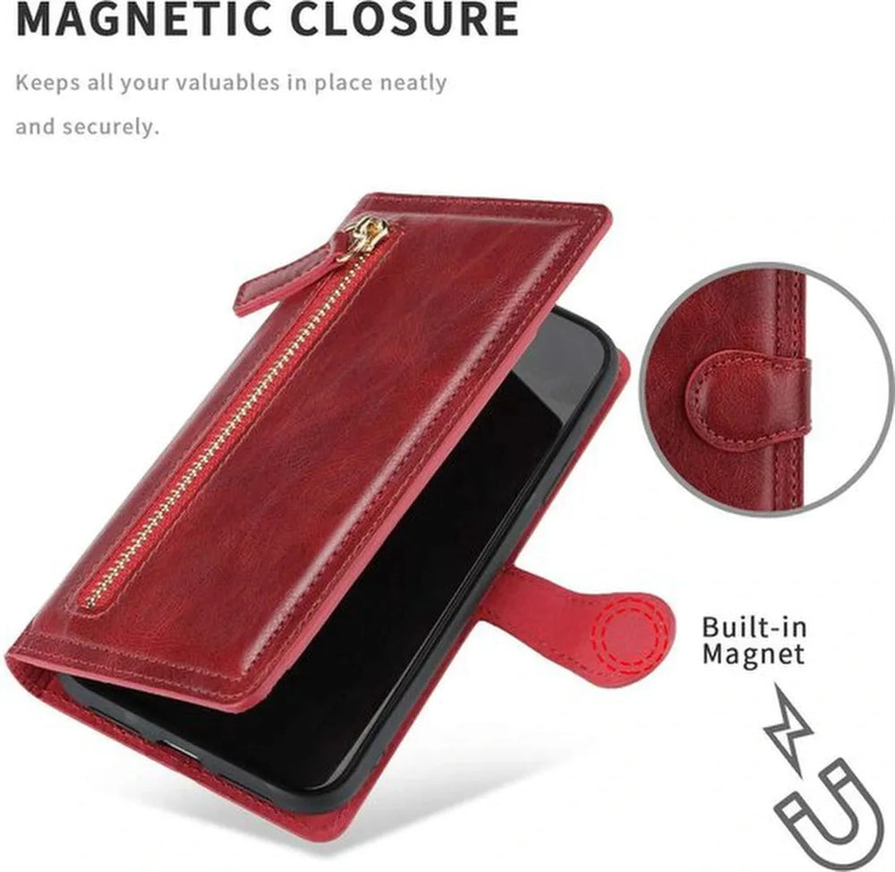 iPhone 12 Mini Hoesjes – Portemonnee Flipcover – Ritssluiting – Magneetsluiting – 5 Pasjeshouder – Rood-Ilumina Benelux