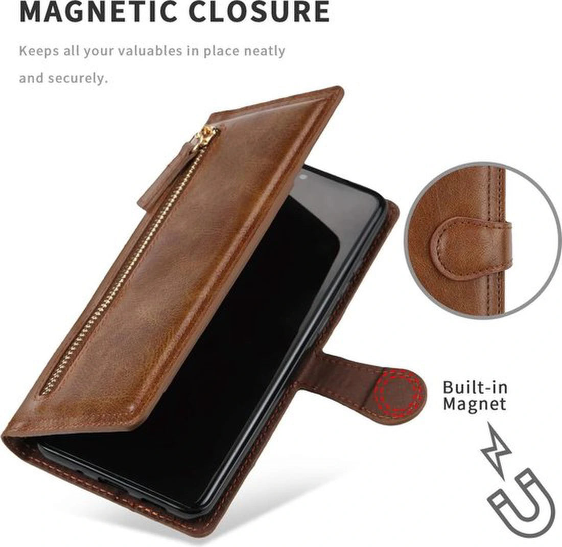 Samsung Galaxy A72 Hoesjes – Bookcase Portemonneehoes – Ritssluiting – 5 Pasjeshouder – Donkerbruin