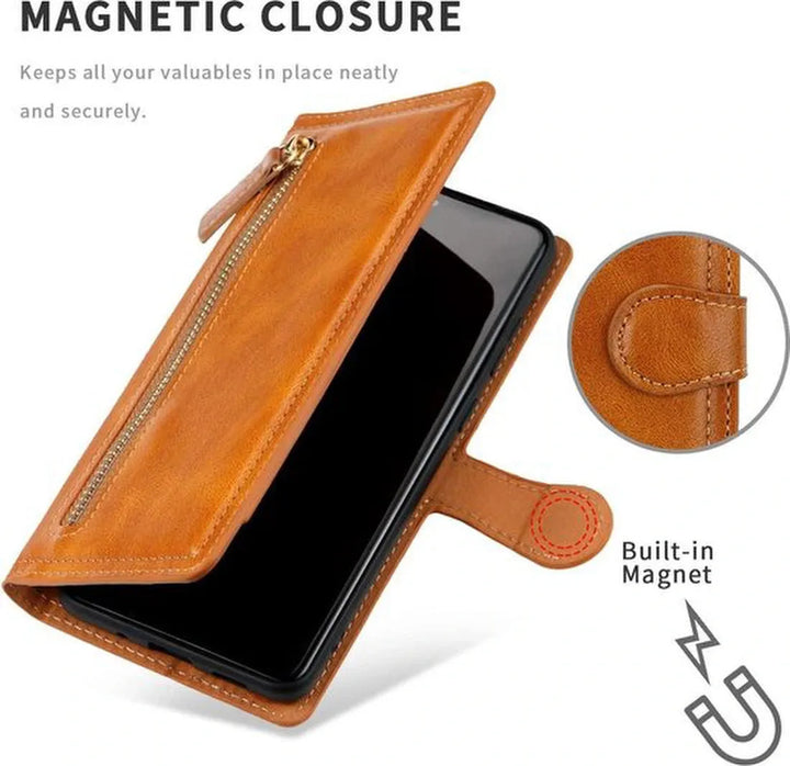 Samsung Galaxy A52/A52s Hoesjes – Bookcase Portemonnee – Ritssluiting – 5 Pasjeshouder – Lichtbruin-Ilumina Benelux