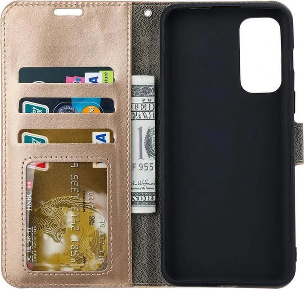 Motorola Moto G60s Hoesjes – Portemonnee Hoes – Pasjeshouder – Inclusief Screenprotector – Goud-Ilumina Benelux
