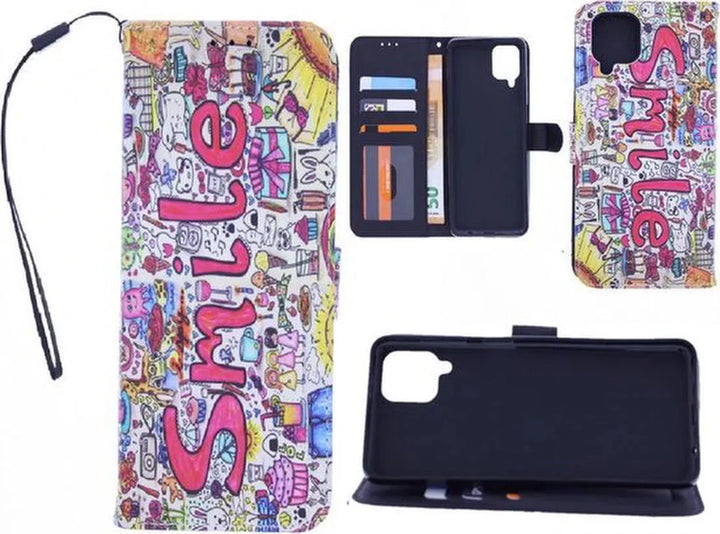 Samsung Galaxy A22 4G Hoesjes – Bookcase Portemonneehoes – Magneetsluiting – Smile Graffiti Print-Ilumina Benelux