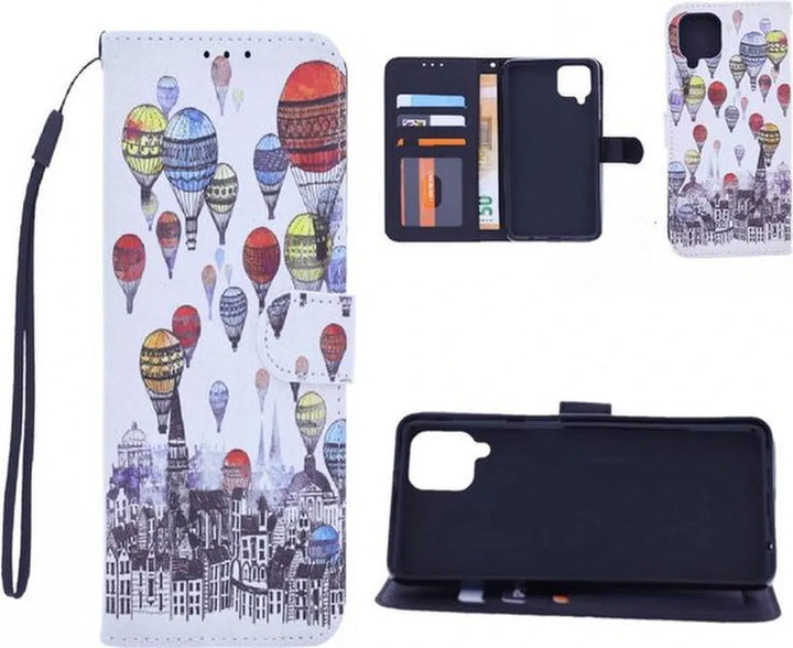 Samsung Galaxy A22 4G Hoesjes – Bookcase Portemonnee Hoes – Magneetsluiting – Standfunctie – Air Balloon Print-Ilumina Benelux