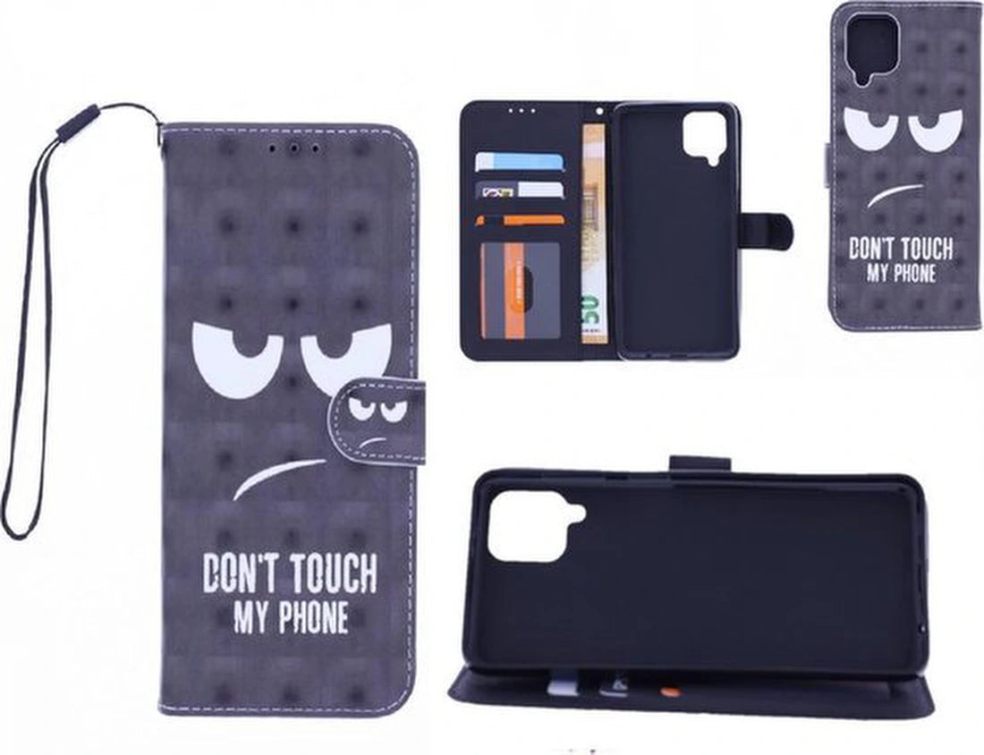 Samsung Galaxy A22 4G Hoesjes – Bookcase Portemonneehoes – Magneetsluiting – 3D Print Don't Touch My Phone – Zwart