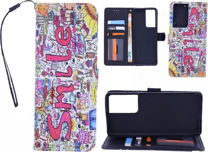 Samsung Galaxy S21 Ultra Hoesjes – Bookcase Portemonnee Hoes – Magneetsluiting – Smile Graffiti Print-Ilumina Benelux