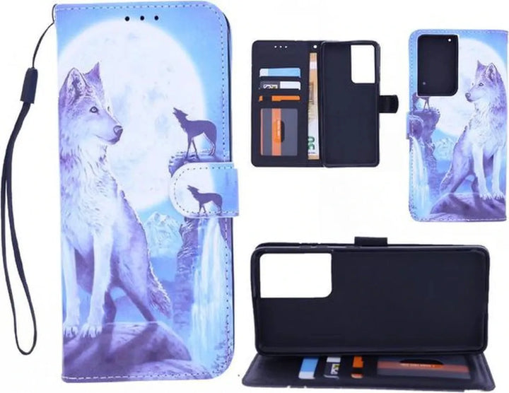 Samsung Galaxy S21 Ultra Hoesjes – Bookcase Portemonnee Hoes – Magneetsluiting – Wolf Print-Ilumina Benelux