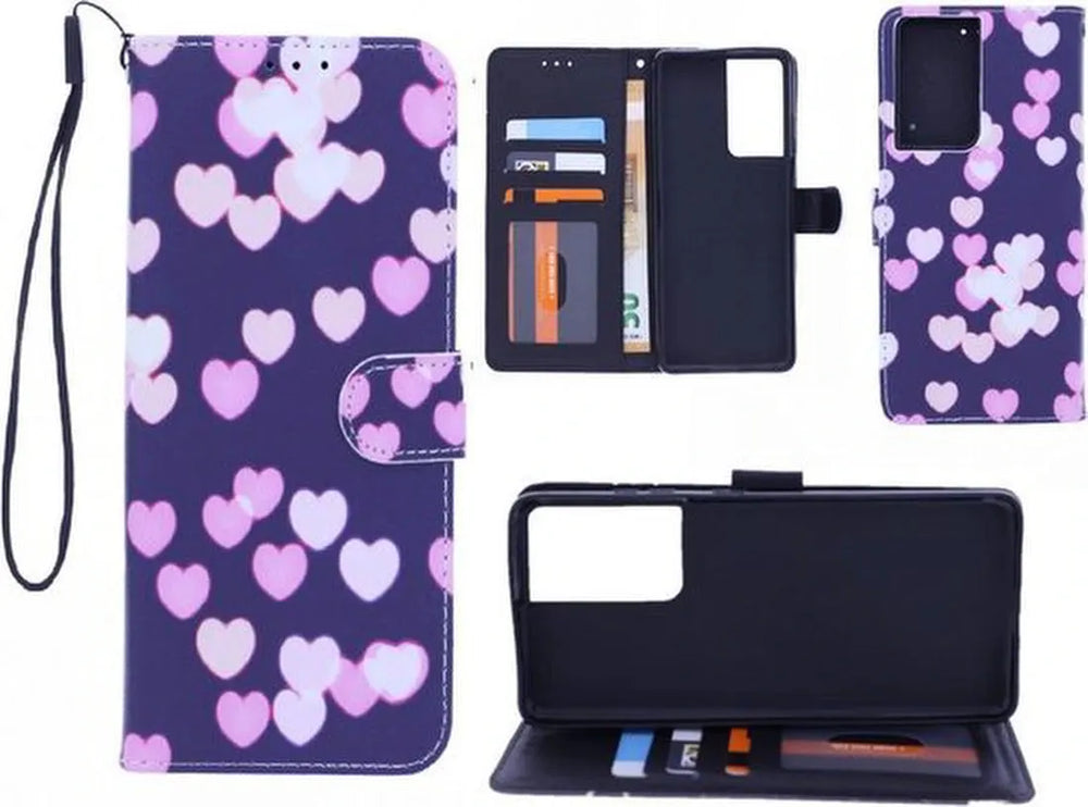 Samsung Galaxy S21 Ultra Hoesjes – Bookcase Portemonneehoes – Magneetsluiting – Hearts Print-Ilumina Benelux