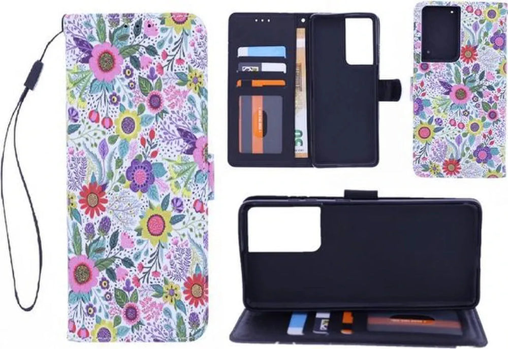Samsung Galaxy S21 Ultra Hoesjes – Bookcase Portemonnee Hoes – Magneetsluiting – Bloemenprint – Multicolor-Ilumina Benelux