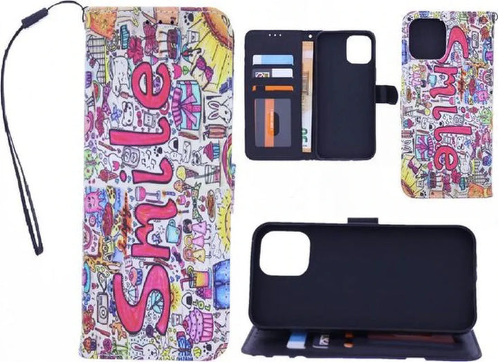 iPhone 12 Hoesjes – Bookcase Portemonnee Hoes – Magneetsluiting – Smile Graffiti Print-Ilumina Benelux