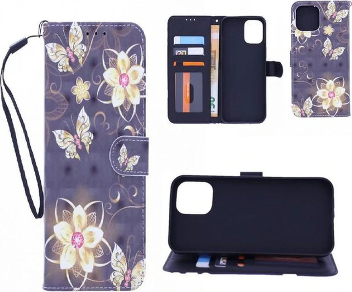 iPhone 12 Hoesjes – Bookcase – 3D Print – Butterflies & Flowers – Multicolor-Ilumina Benelux