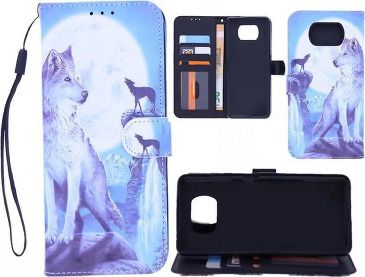 Nokia 2.4 Hoesjes – Bookcase Portemonnee Hoes – Magneetsluiting – Print Wolf – Zwart-Ilumina Benelux