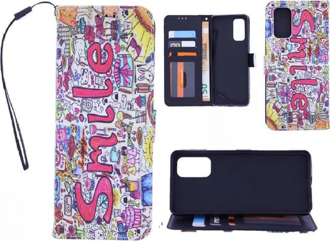 Motorola Moto G10/G20/G30 Hoesjes – Bookcase Portemonnee – Magneetsluiting – Smile Graffiti Print – Zwart