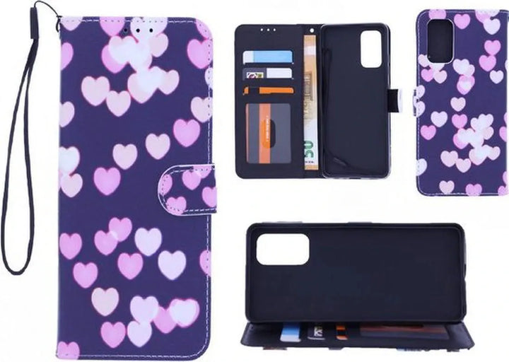 Motorola Moto G10/G20/G30 Hoesjes – Bookcase Portemonnee Hoes – Magneetsluiting – Print Hearts – Roze-Ilumina Benelux