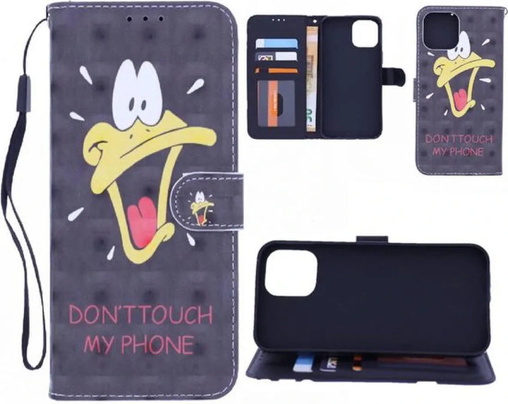 Oppo A73 Hoesjes – Bookcase Portemonnee Hoes – Magneetsluiting – 3D Print Don't Touch My Phone Duck – Zwart-Ilumina Benelux