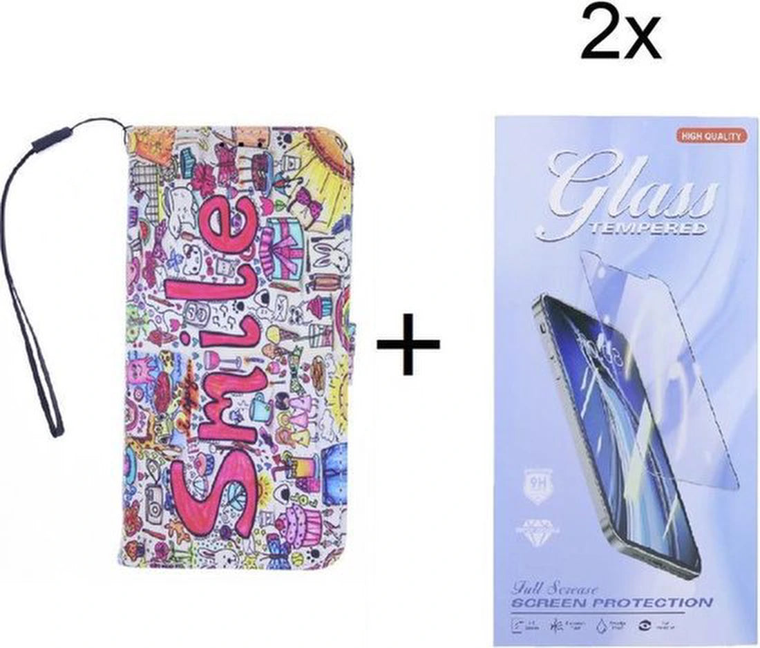 Bookcase Geschikt voor: Samsung Galaxy A42 hoesje met print - Smile Graffiti met 2x Glas Screenprotector
