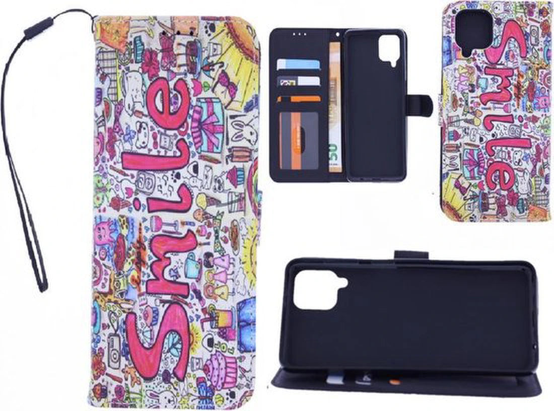 Bookcase Geschikt voor: Samsung Galaxy A42 hoesje met print - Smile Graffiti met 2x Glas Screenprotector