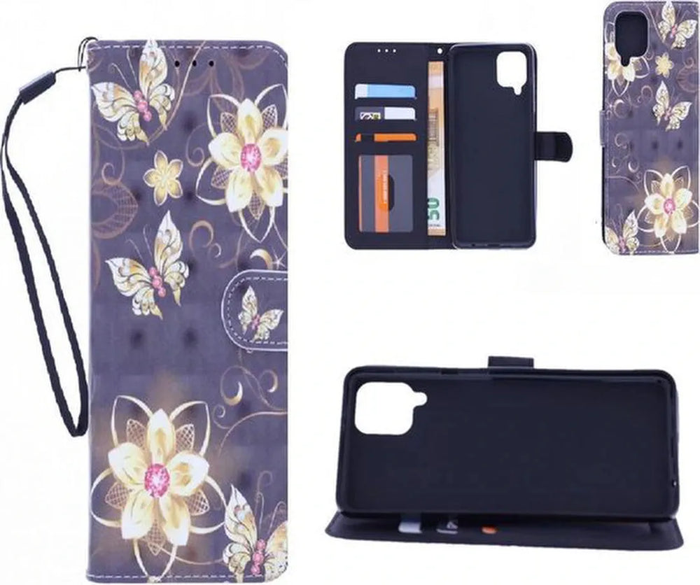 Samsung Galaxy A42 Hoesjes – Bookcase Portemonnee – 3D Vlinders & Bloemen Print – 2x Gehard Glas Screenprotector – Multicolor-Ilumina Benelux