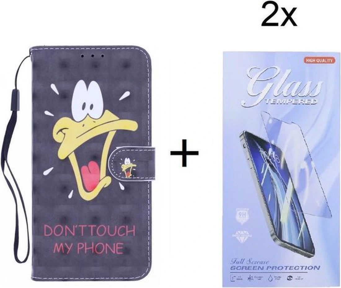 Samsung Galaxy A22 4G Hoesjes – Bookcase – Don't Touch My Phone Duck 3D Print – Met 2x Gehard Glas Screenprotector – Zwart