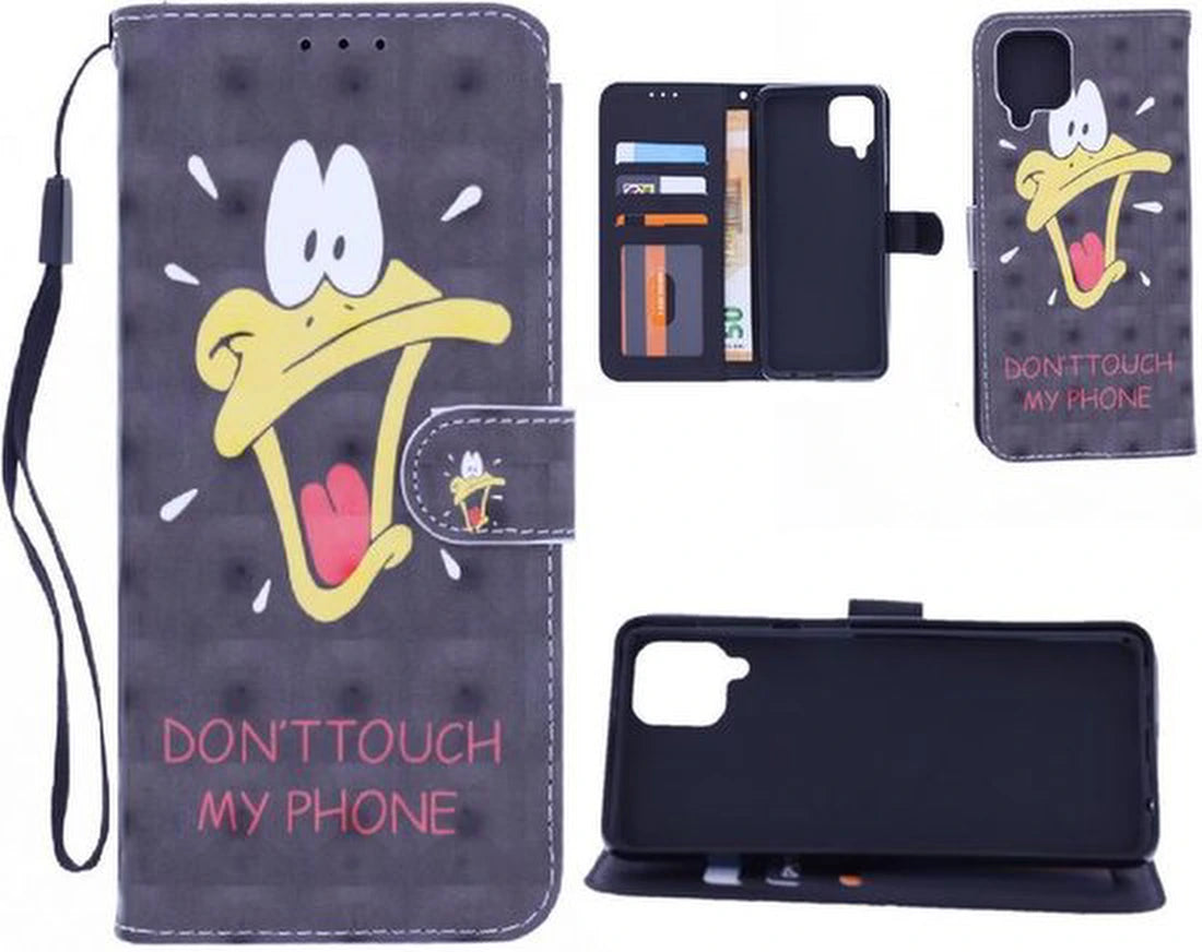 Samsung Galaxy A22 4G Hoesjes – Bookcase – Don't Touch My Phone Duck 3D Print – Met 2x Gehard Glas Screenprotector – Zwart