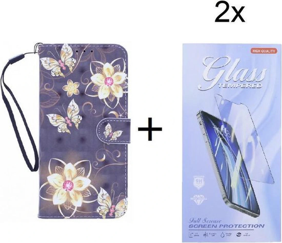 Samsung Galaxy A22 4G Hoesjes – Bookcase Portemonneehoes – Butterflies & Flowers 3D Print – 2x Gehard Glas Screenprotector – Multicolor