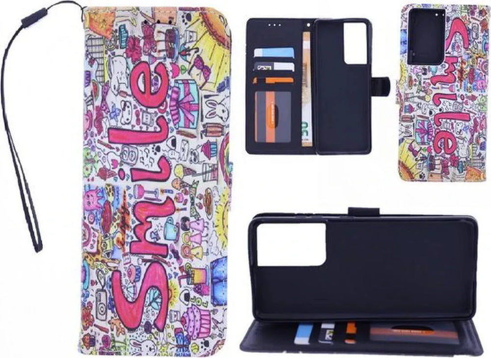 Samsung Galaxy S21 Ultra Hoesjes – Backcover met Smile Graffiti Print – Inclusief 2x Gehard Glas Screenprotector-Ilumina Benelux