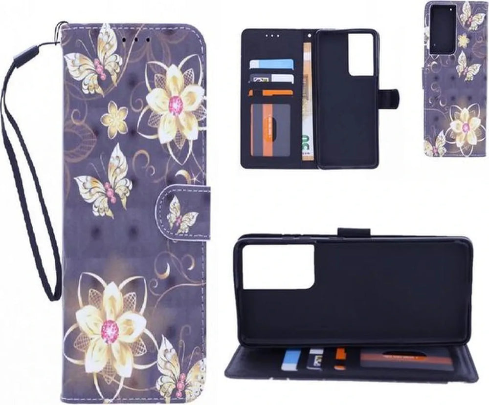 Samsung Galaxy S21 Ultra Hoesjes – Bookcase Portemonnee – 3D Print Butterflies & Flowers – 2x Gehard Glas Screenprotector – Zwart-Ilumina Benelux