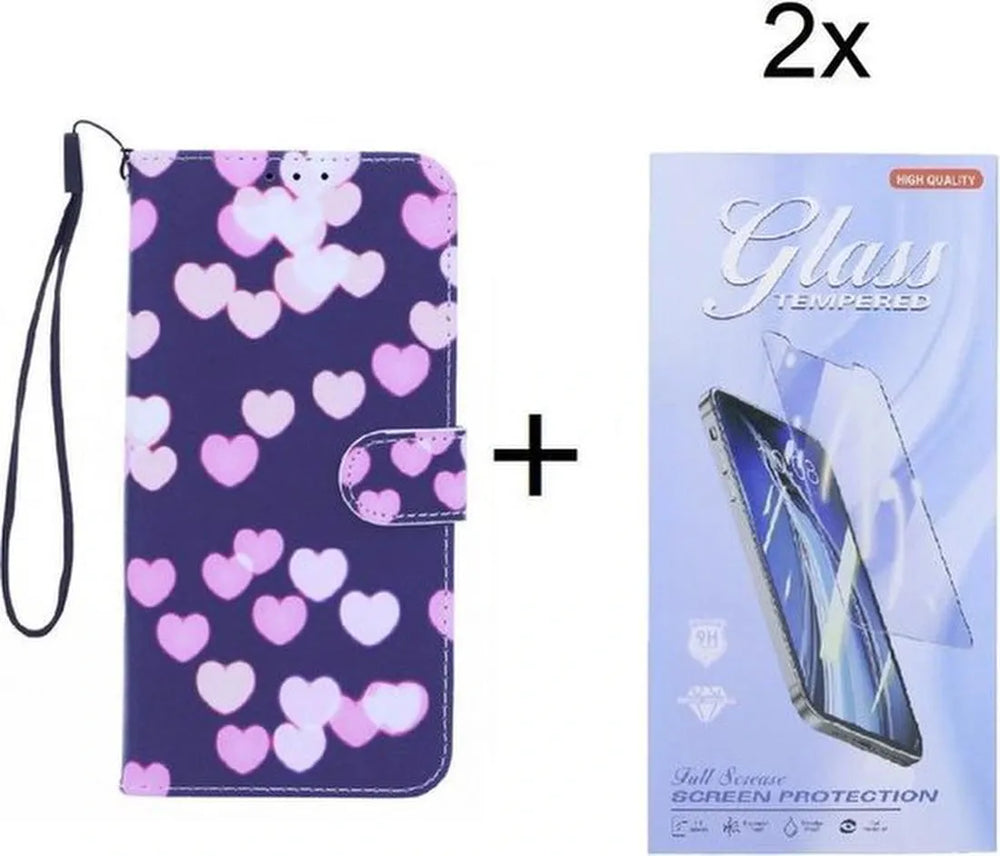 iPhone 12 Hoesjes – Bookcase – Hearts Print – Inclusief 2x Screenprotector – Zwart-Ilumina Benelux