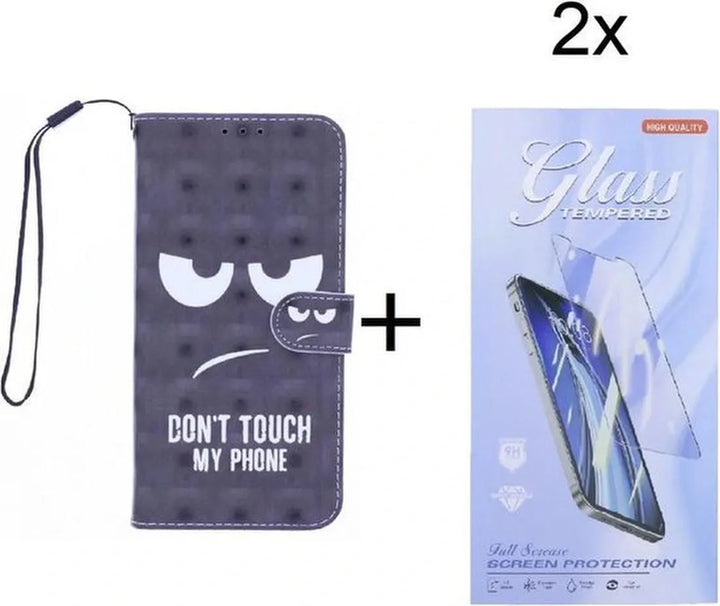 iPhone 12 Pro Hoesjes – Bookcase – 3D Print Don't Touch My Phone – Inclusief 2x Screenprotector – Zwart-Ilumina Benelux